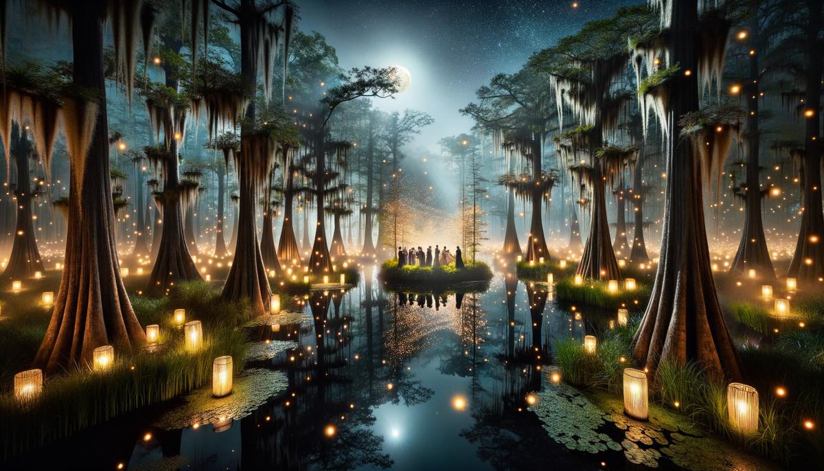 Ethereal Bayou Dreamscape installation in New Orleans with fog, twinkling fireflies, and moonlit waters