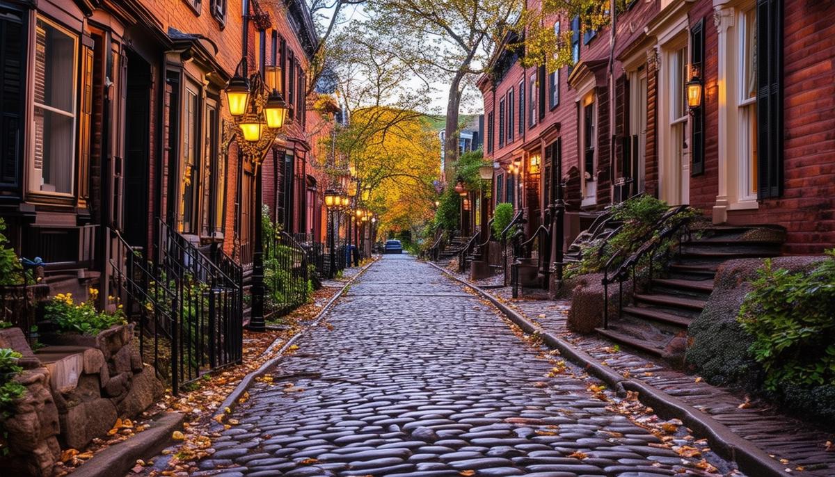 A picturesque cobblestone street in Beacon Hill, Boston, lined with historic brownstone houses and gas lamps