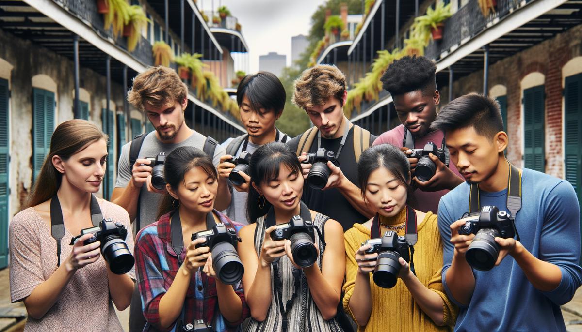 A small group of diverse students learning photography techniques in a New Orleans setting
