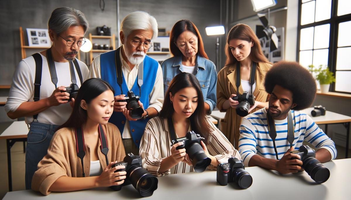 A diverse group of beginners learning about digital camera basics in a classroom setting