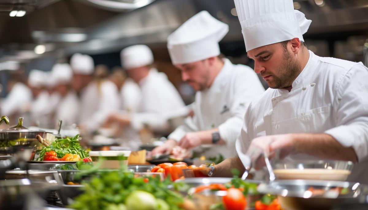 Chefs preparing ingredients in a busy kitchen before a culinary event