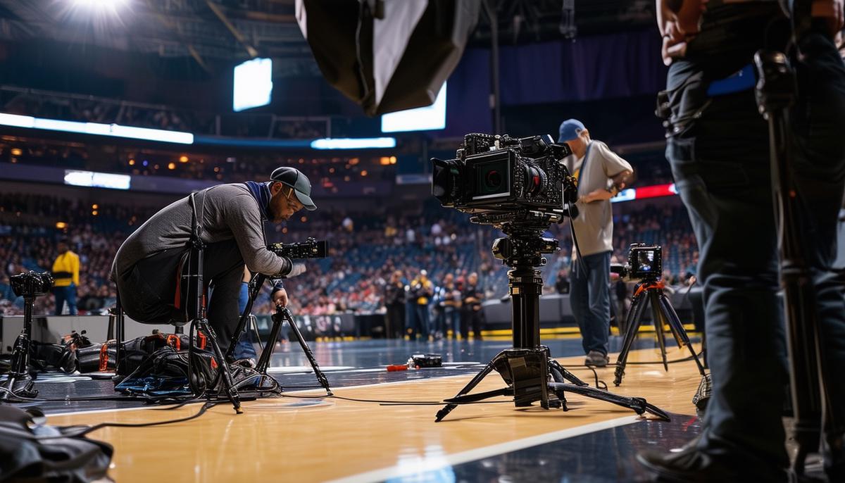 A behind-the-scenes look at sports photographers setting up remote cameras and preparing equipment before a game
