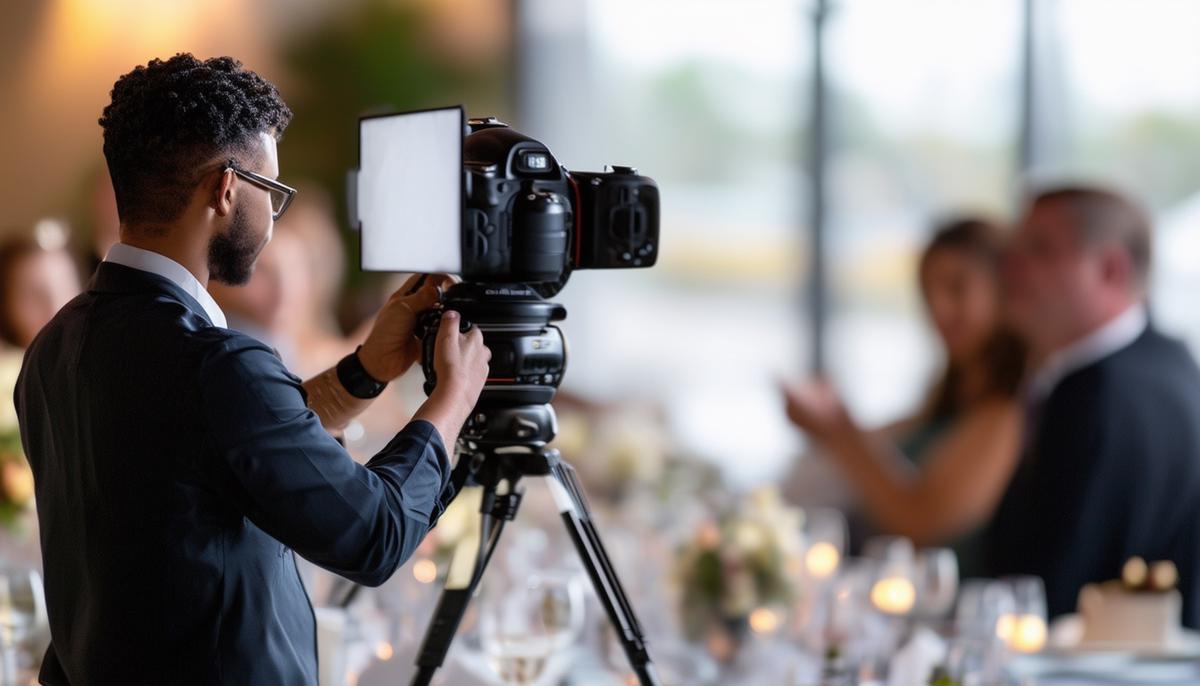 A behind-the-scenes look at an event photographer in action, capturing the preparation, planning, and execution involved in documenting a corporate event.
