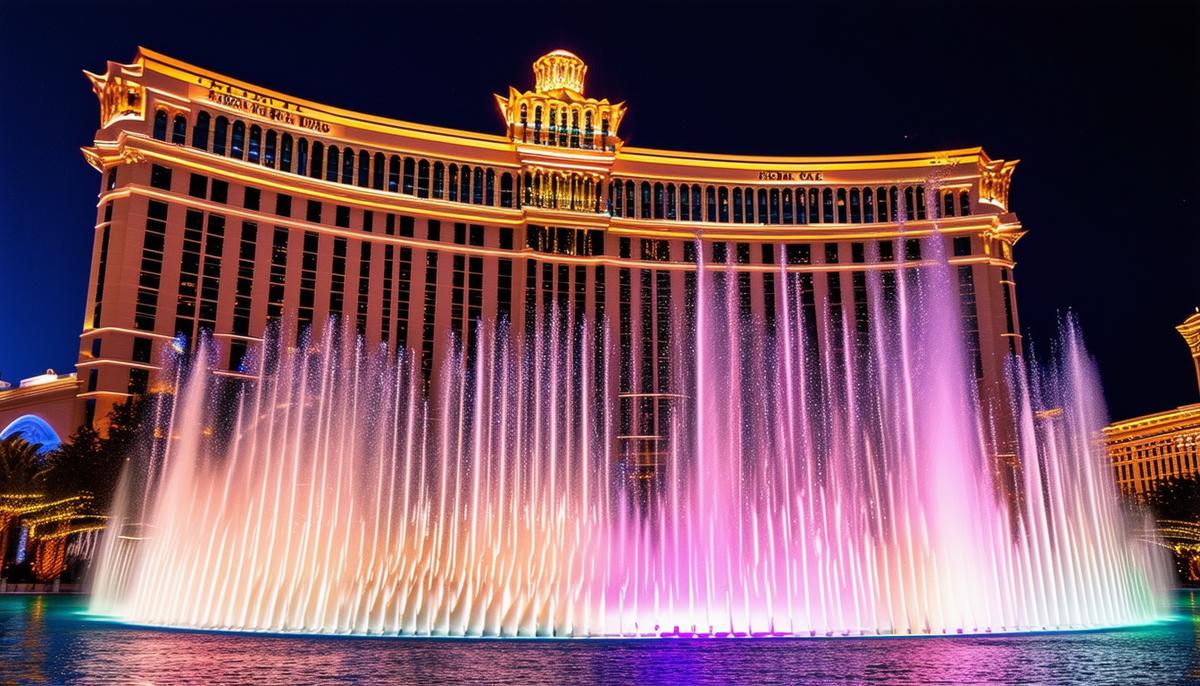 The iconic Bellagio Fountains in Las Vegas, captured at night with the hotel's stunning architecture in the background. The fountains are frozen in a moment of graceful movement, with streams of water arcing through the air, illuminated by colorful lights that dance across the surface of the water.