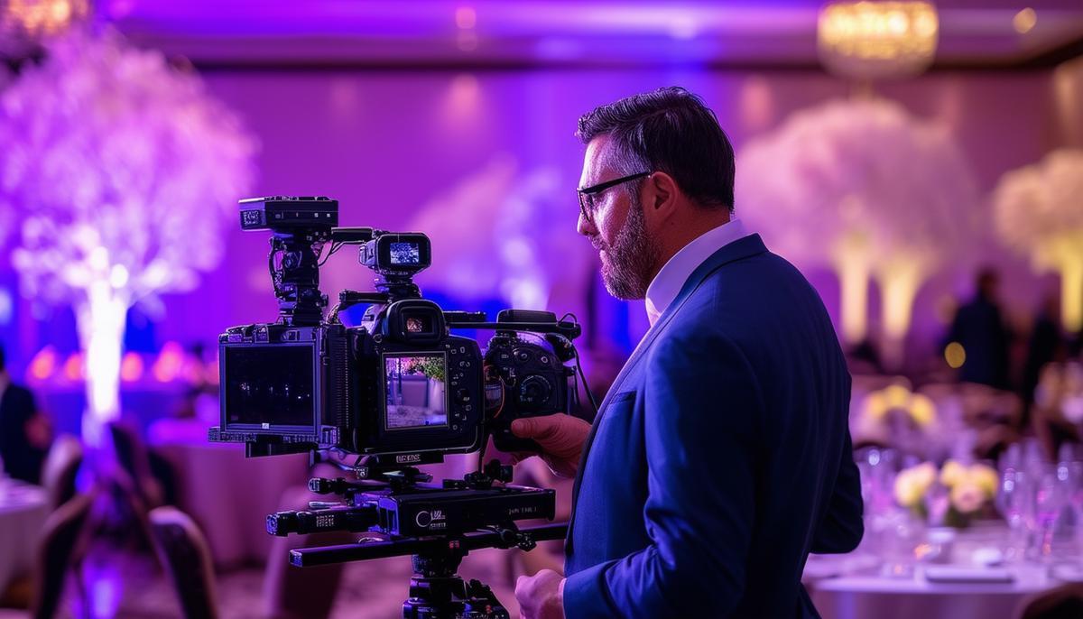 Ben V skillfully managing both photography and videography equipment at a grand corporate function in Dallas