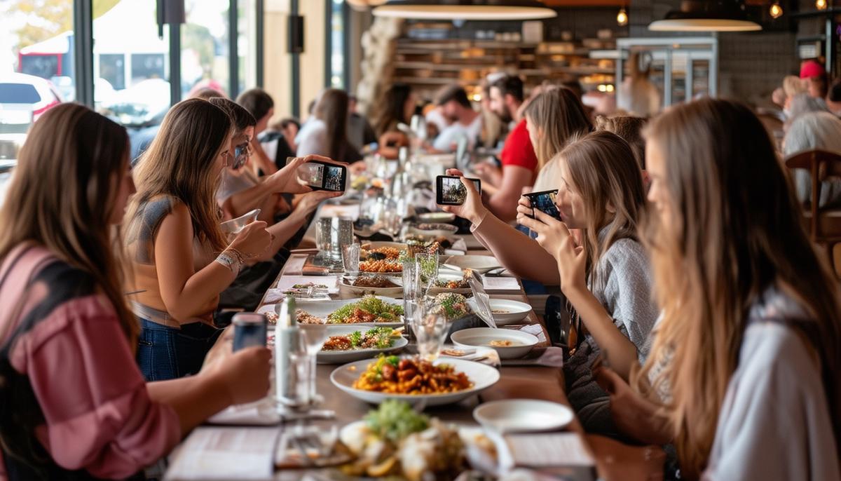 A busy Bentonville restaurant filled with tourists enjoying meals and taking photos of their beautifully presented dishes