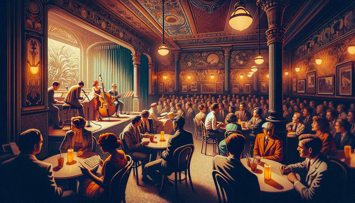 Interior of Berlin Music Bar in Minneapolis during a jazz performance, showcasing intimate stage and art-nouveau-inspired design