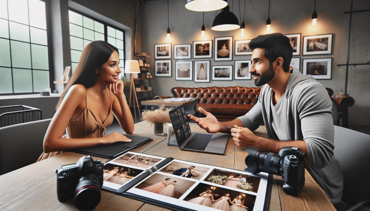 A professional photographer discussing pricing and packages with a client for a birthday party event.