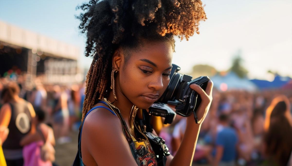 A Black female photographer working at a major music festival