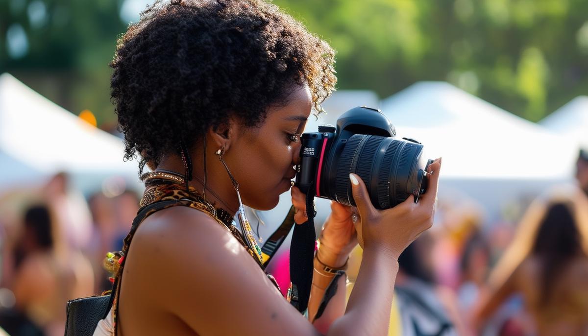 A Black female photographer capturing images at the Roots Picnic music festival