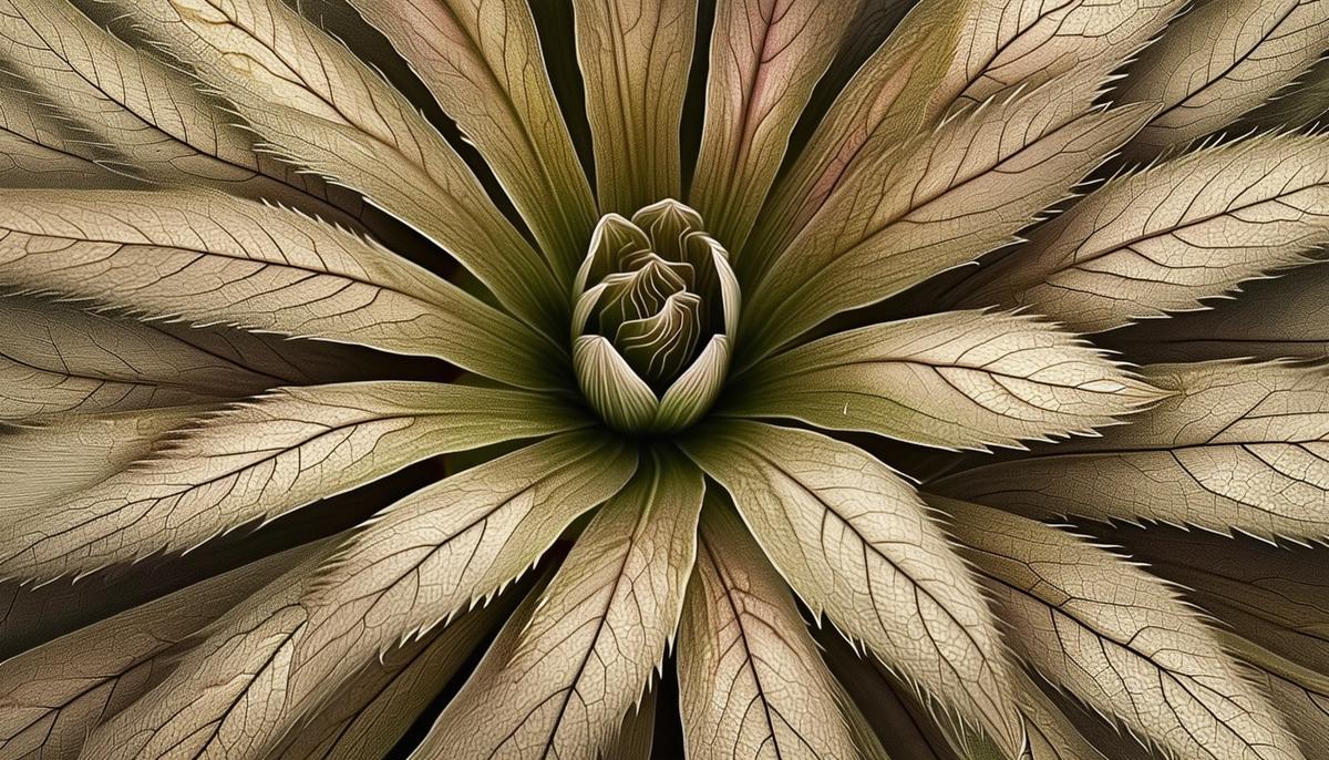 A close-up photograph of a plant specimen, showcasing intricate details and patterns in the style of Karl Blossfeldt's work