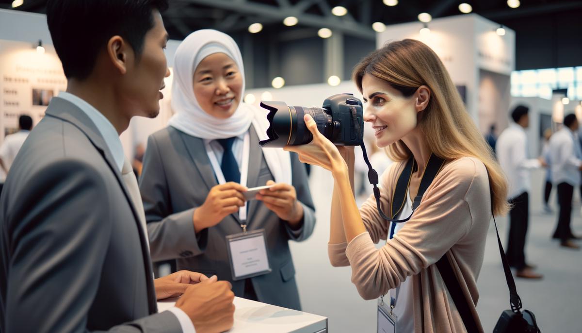 A photographer skillfully capturing the dynamic interactions and emotions at a business expo booth, focusing on genuine reactions and engaged conversations