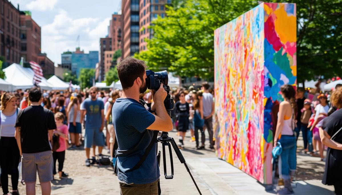 A photographer capturing an art installation at the Boston Arts Festival with engaged spectators