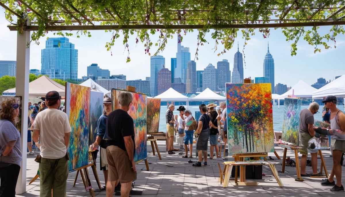 Artists showcasing their work under a trellis at the Boston Arts Festival, with the waterfront visible in the background