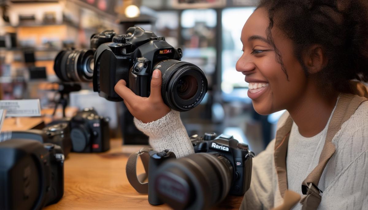 Satisfied customer receiving personalized service at a Boston camera rental shop counter