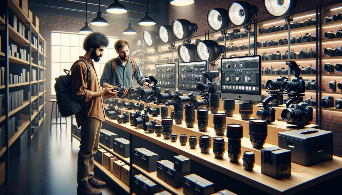 Wide array of professional camera equipment available for rent in a Boston shop, including digital and film cameras, lenses, and lighting gear