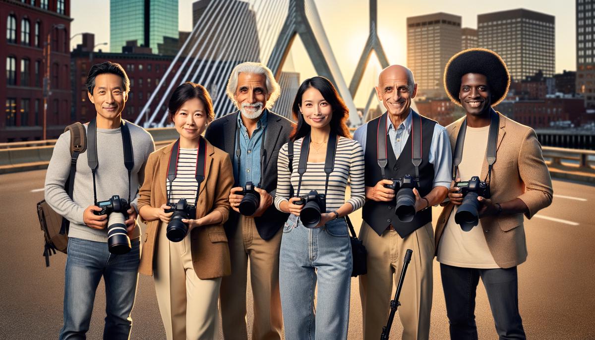 A group of diverse professional event photographers with their cameras, standing in front of a Boston landmark
