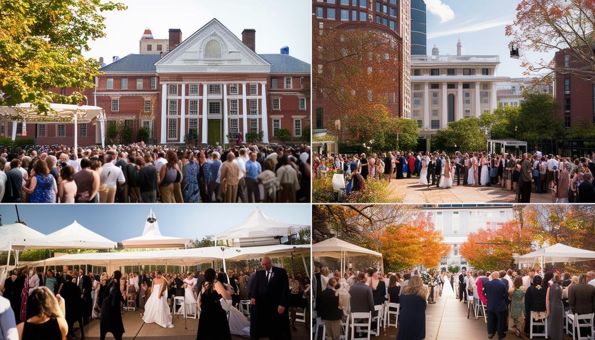 A montage of diverse Boston events including a corporate gathering, community festival, and wedding at a historic venue