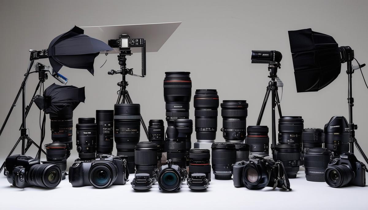 An array of professional photography equipment used for Boston gala events, including cameras, lenses, and lighting