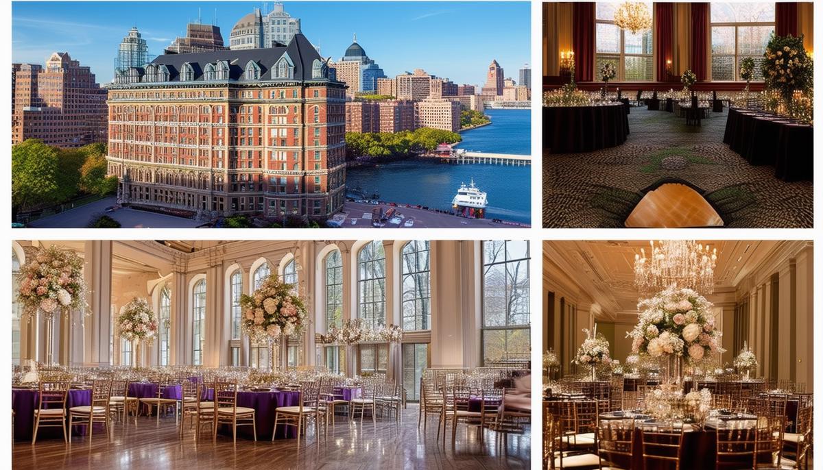 A collage showcasing elegant Boston gala venues including the Fairmont Copley Plaza, Museum of Fine Arts, and Boston Harbor Hotel