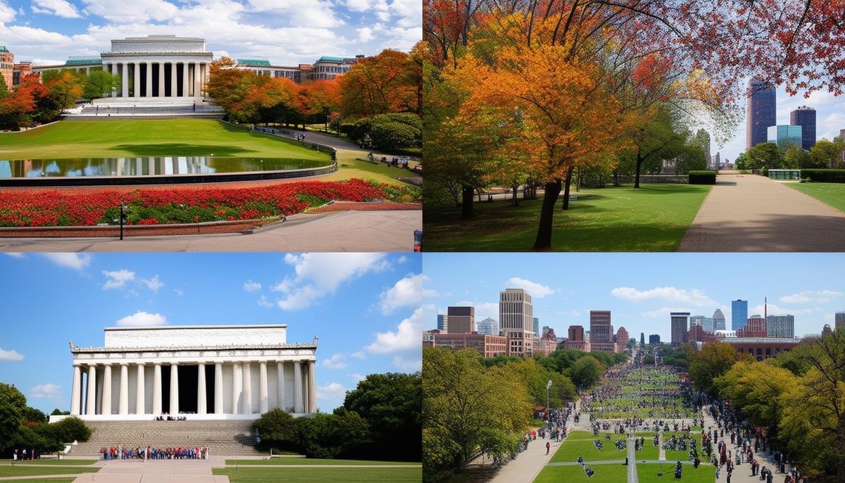 A montage of popular graduation photo venues in Boston, including the Lincoln Memorial, Boston Public Gardens, and Northeastern University campus