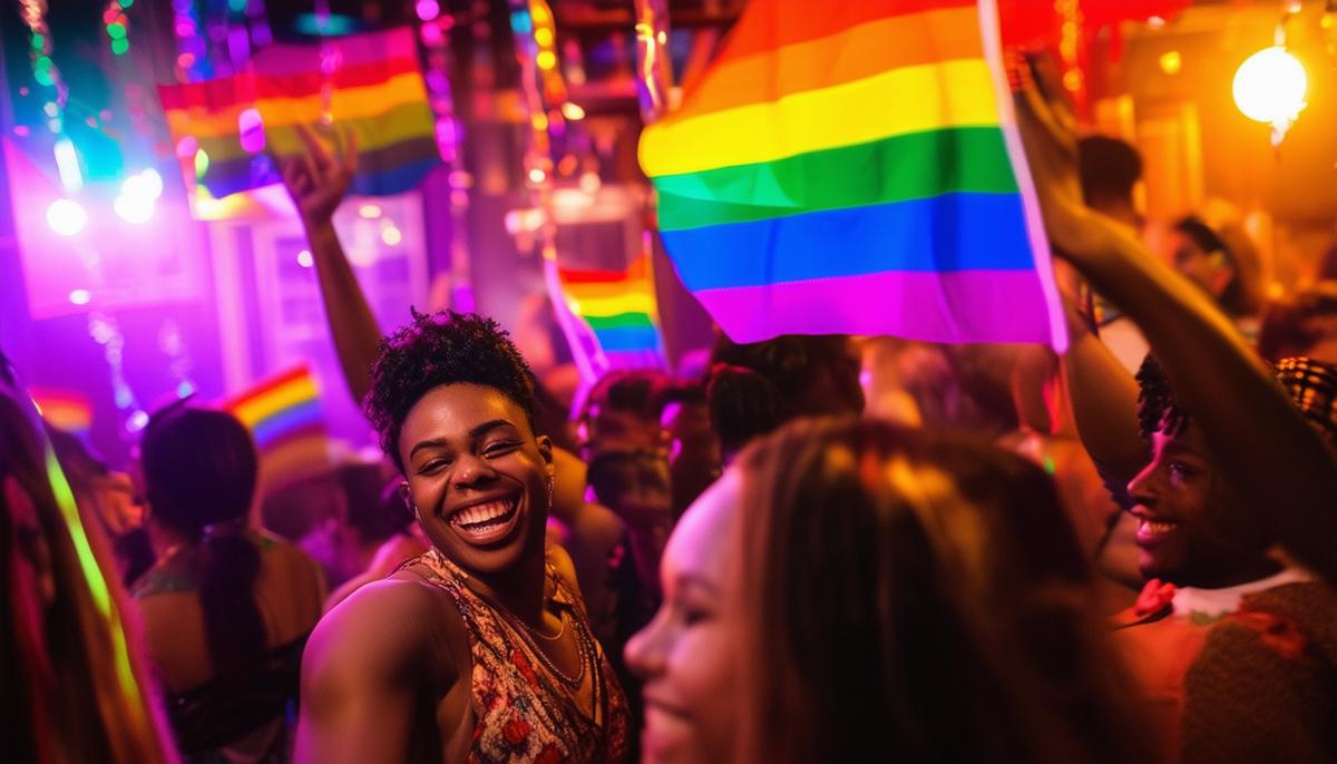 A joyful crowd of diverse LGBTQ+ individuals celebrating in a Boston nightclub, with rainbow flags and vibrant decorations visible