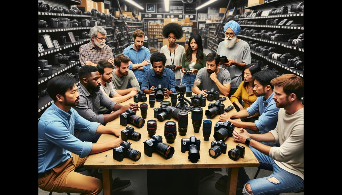 Diverse group of photographers and filmmakers participating in a learning lab session at a Boston camera rental shop