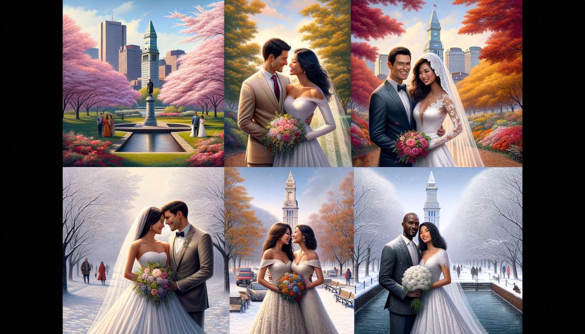Four wedding photos showcasing Boston's distinct seasons: spring cherry blossoms, summer harbor, fall foliage, and winter snow