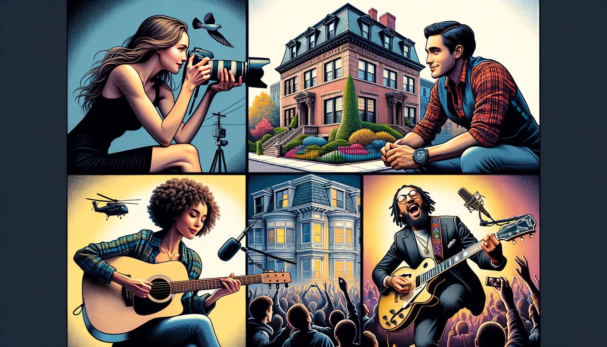 A split-screen image showing four different photography genres: portraiture, real estate, commercial, and music photography in Boston