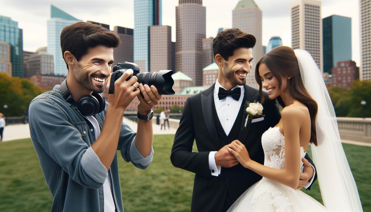 A wedding photographer capturing a candid moment between a bride and groom with Boston's skyline in the background