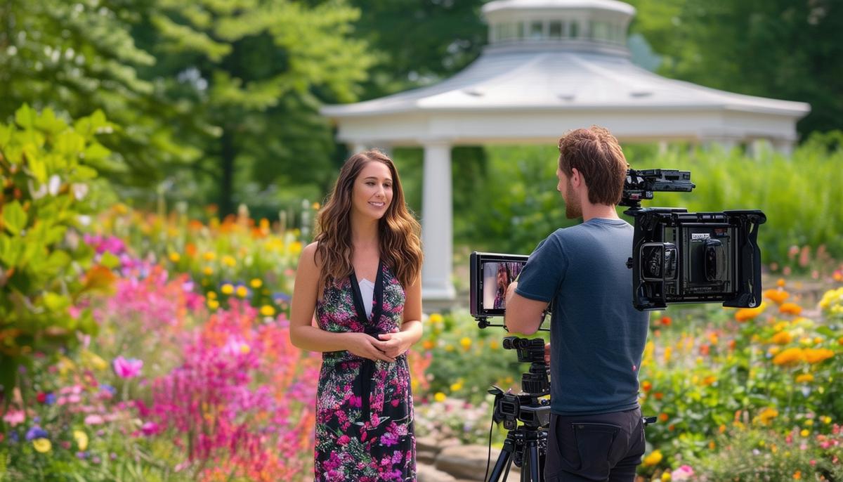 A commercial photoshoot taking place in the vibrant setting of the Botanical Garden of the Ozarks