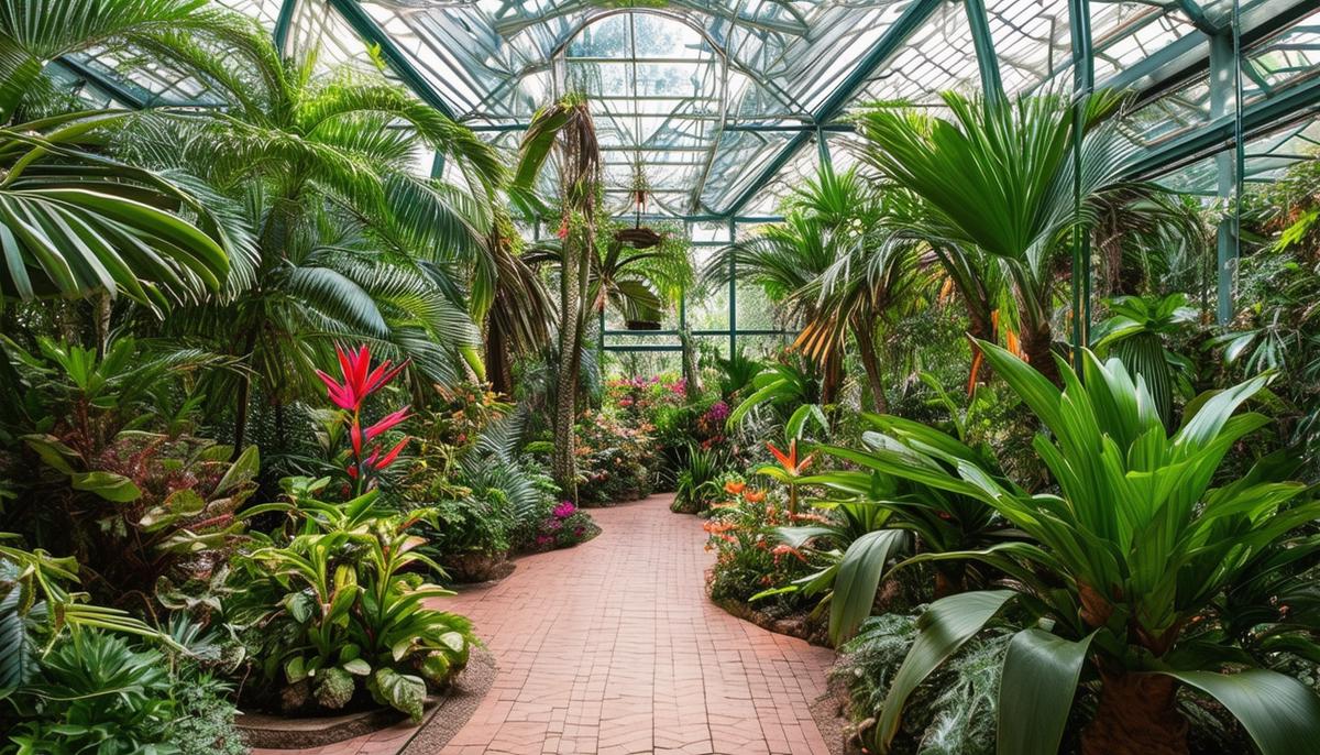 The interior of a lush greenhouse at the San Antonio Botanical Gardens, showcasing exotic plants, towering palms, and vibrant blooms.