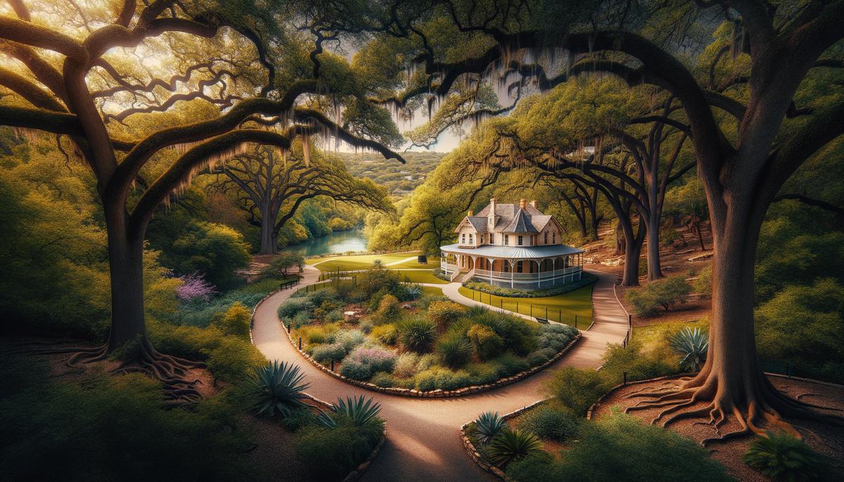 A beautiful outdoor scene at Brackenridge Park in San Antonio, showcasing the lush greenery, historic structures, and winding pathways that make it an ideal location for family photography. The image conveys a sense of natural beauty, tranquility, and versatility.