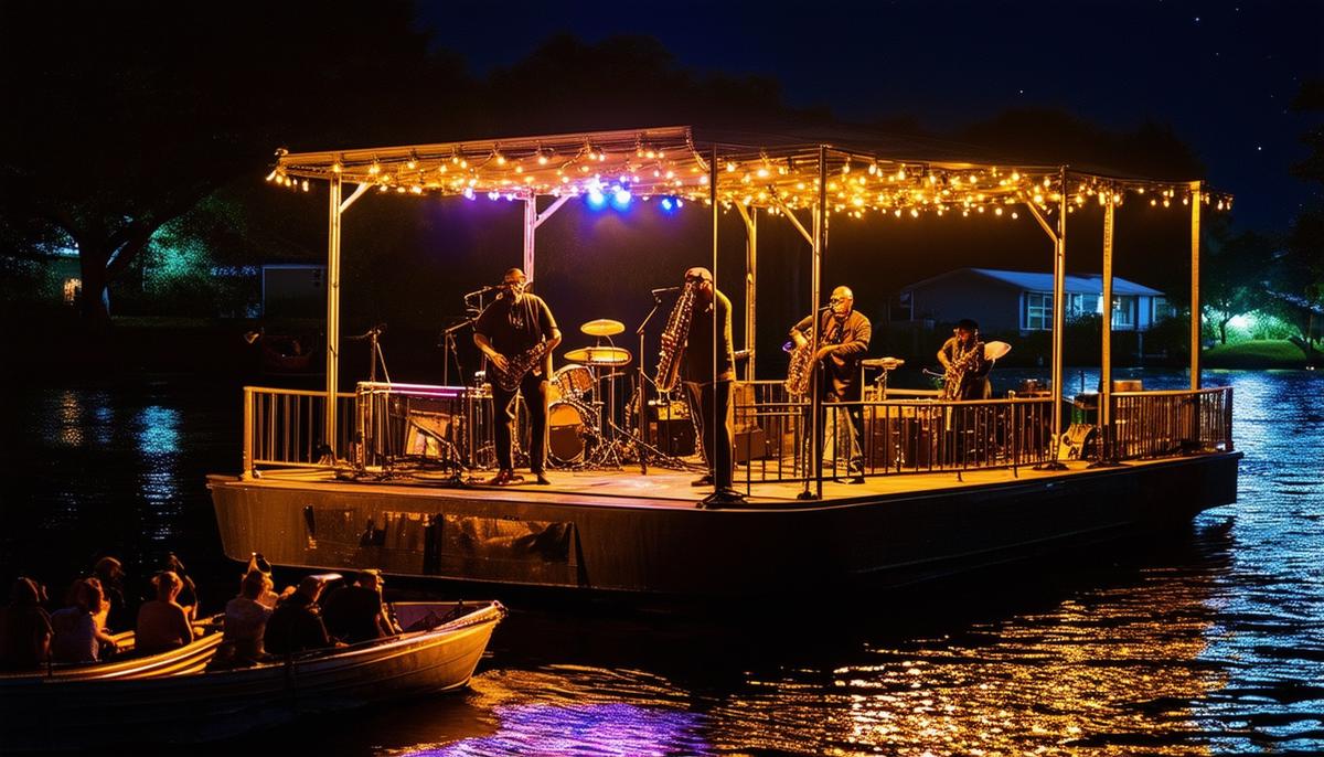 Night-time performance on the illuminated Brass Barge floating stage, with musicians playing to an enthusiastic crowd on the shore and in boats on Bayou St. John