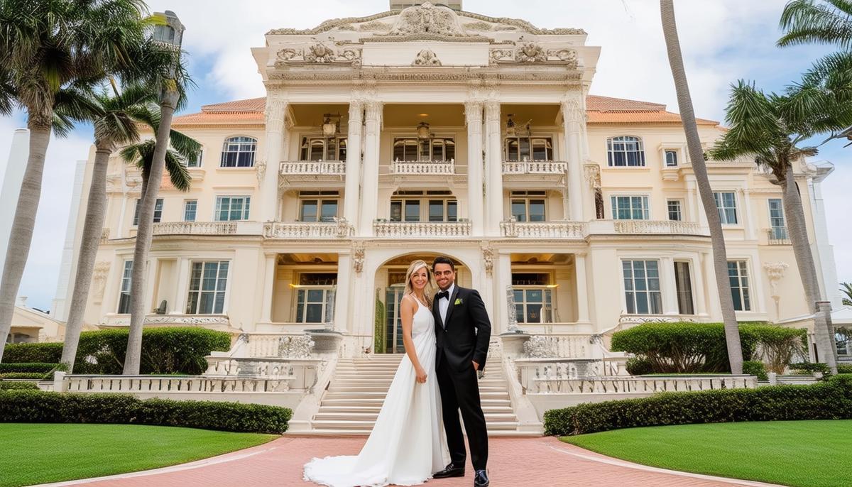 A well-dressed couple posing in front of The Breakers Palm Beach, showcasing its Italian Renaissance architecture and elegant grounds