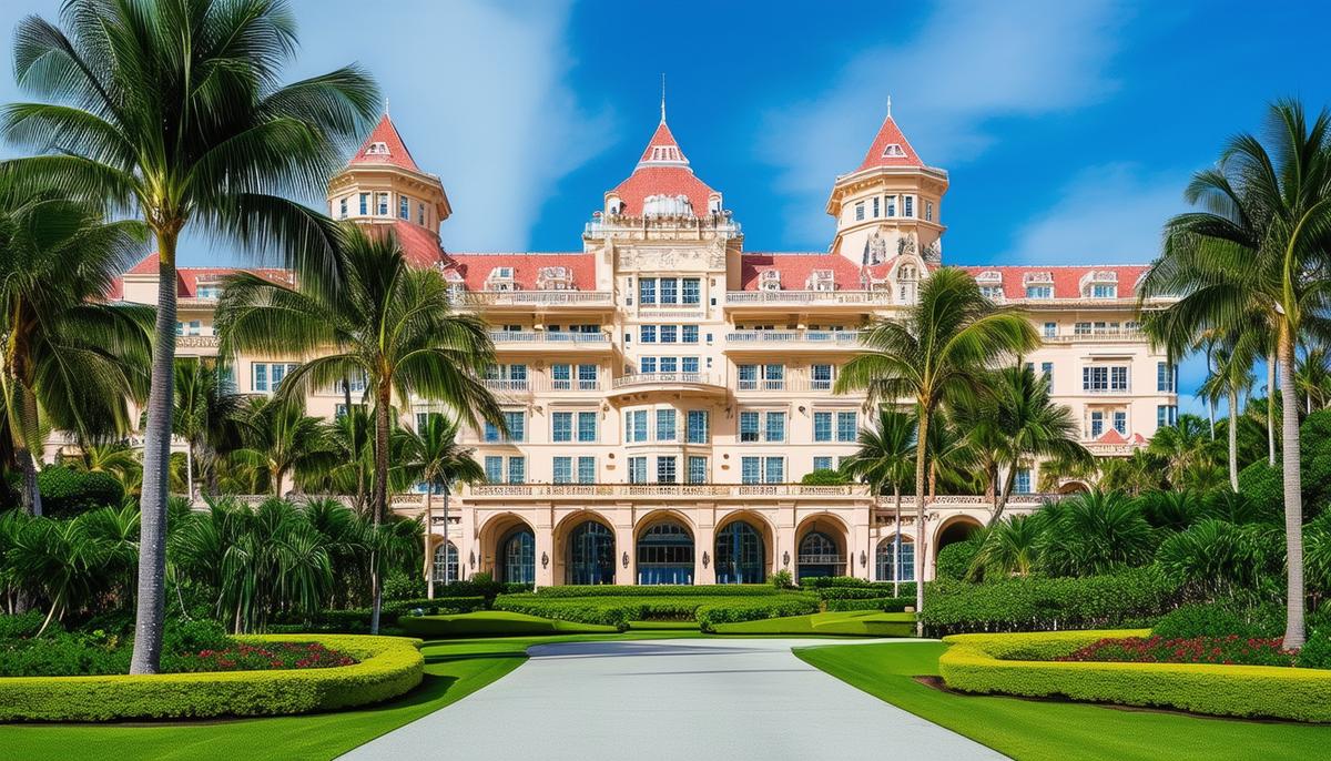 Exterior view of The Breakers resort in Palm Beach, showcasing its grand architecture and lush surroundings