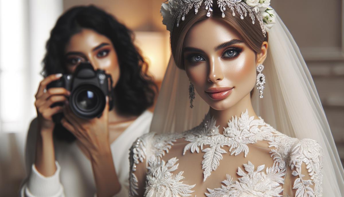 The bride-to-be posing elegantly with a professional photographer at her bridal shower celebration.