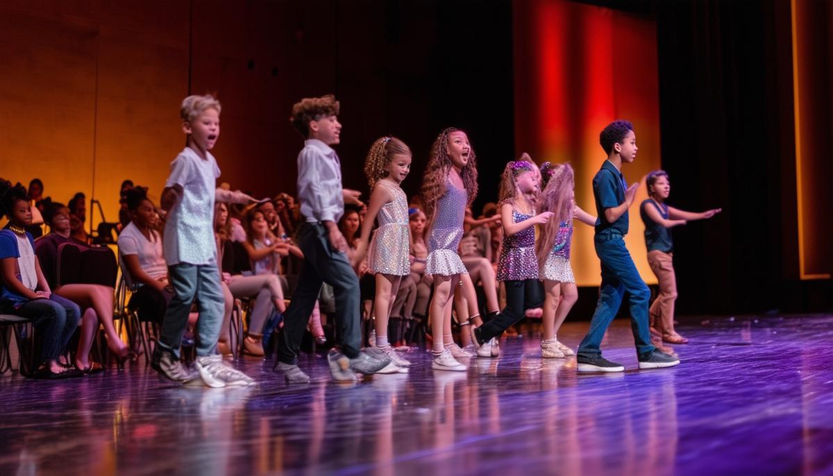 A student performance at the Broadway Dallas Gala, with young performers on stage and an attentive audience