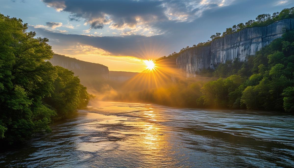 A breathtaking sunrise over the Buffalo National River with limestone bluffs and morning mist