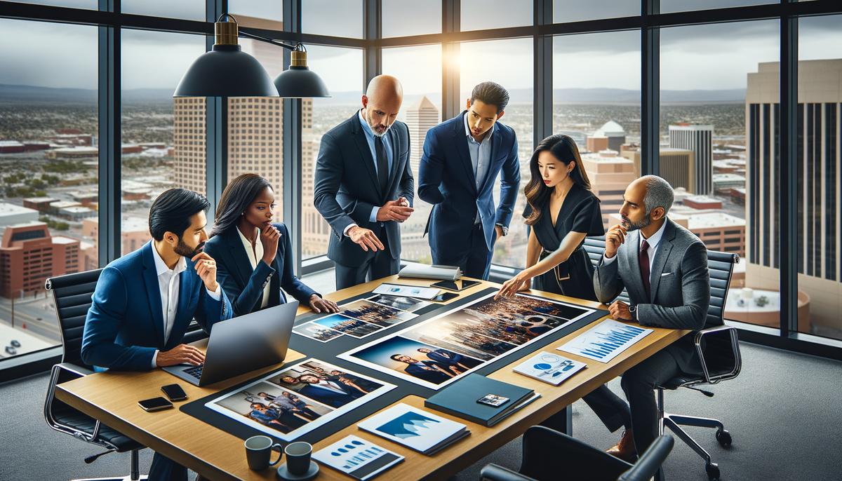 A business person presenting event photos in a corporate meeting, demonstrating the impact of professional photography