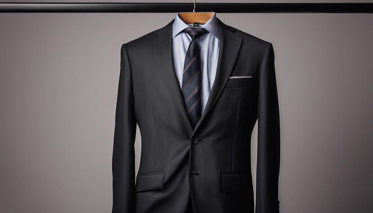 A well-fitted dark business suit on a hanger, ready for an executive headshot session
