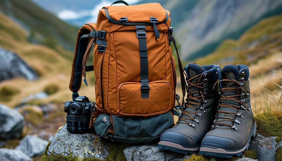 A sturdy camera backpack next to hiking boots, representing essential gear for photography workshops in rugged terrain