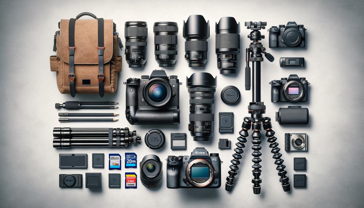 A display of recommended camera equipment for festival photography, including cameras, lenses, and accessories