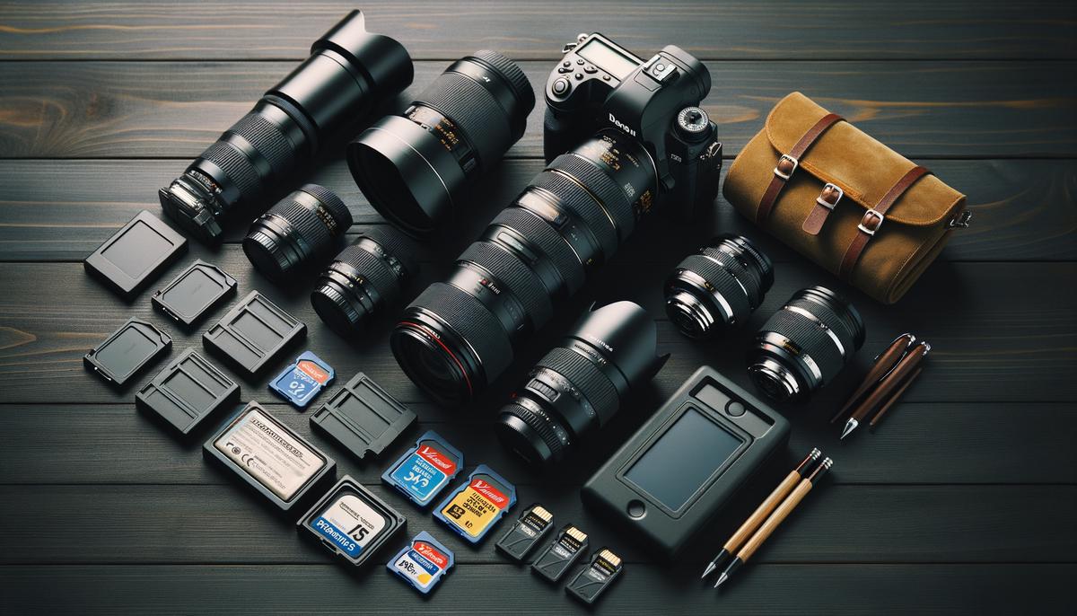 A professional DSLR camera with a 24-70mm zoom lens and an 85mm prime lens, spare batteries, and memory cards laid out on a table