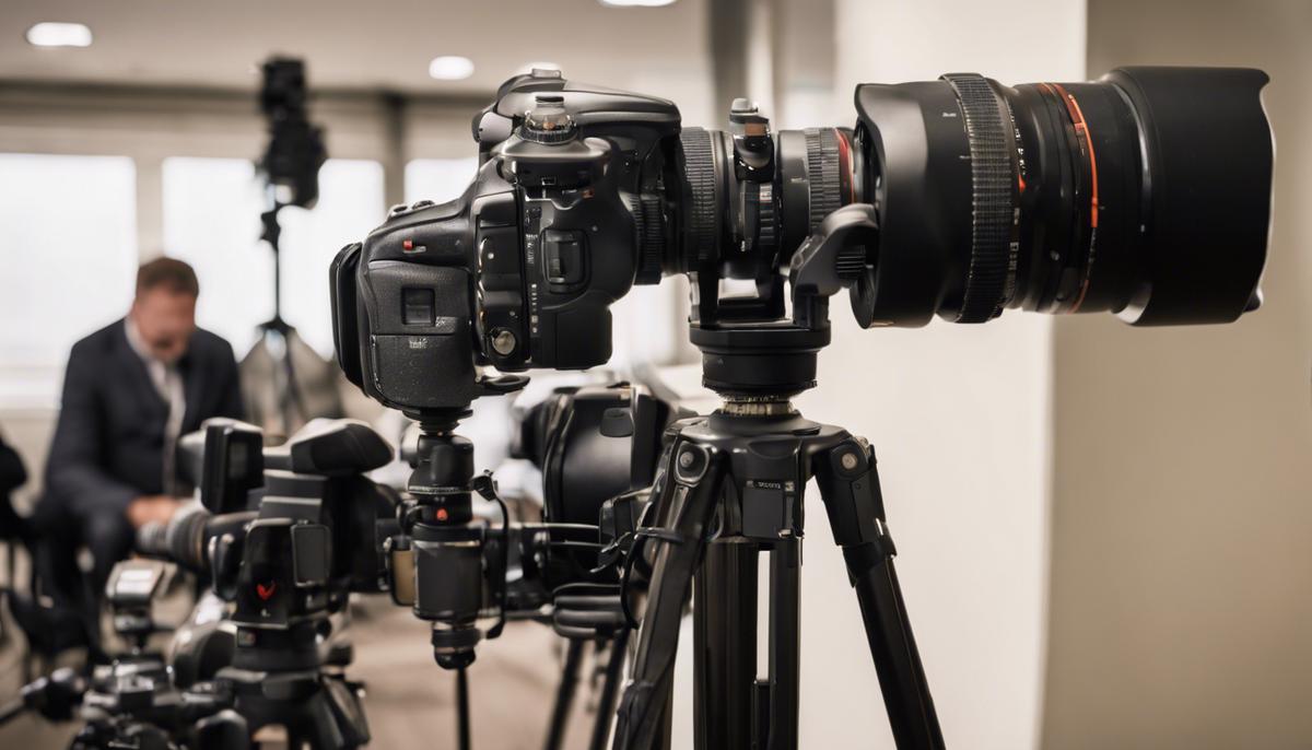 A professional camera and lens setup on a tripod, ready to shoot a press conference