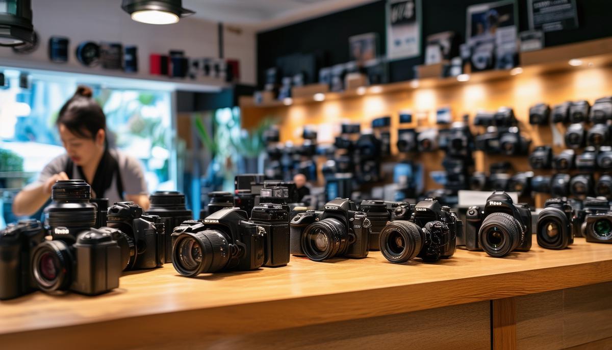 The counter at a camera rental shop, with various cameras and lenses on display and a staff member assisting a customer.