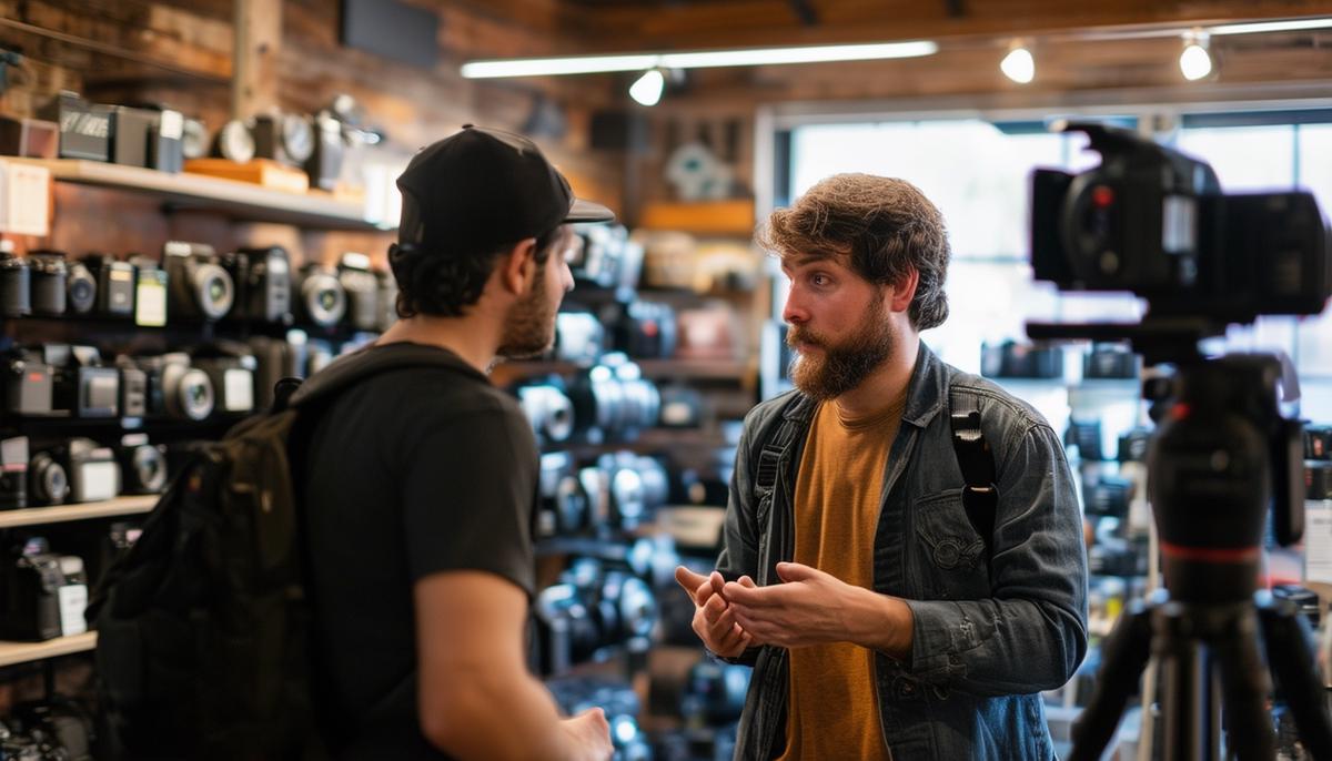 A customer discussing rental options with a staff member at a Nashville camera rental store, surrounded by various equipment