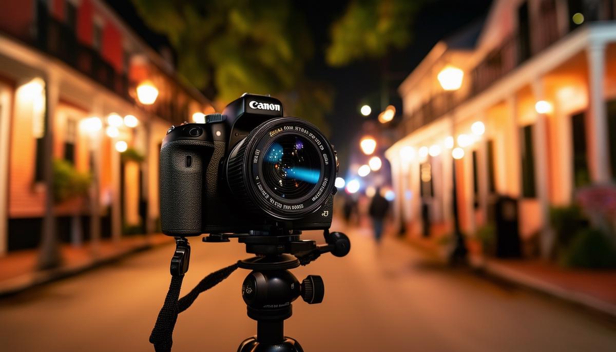 A Canon SLR camera with a 24mm f/1.4 lens on a tripod, set up to capture the nighttime scene of Royal Street in New Orleans