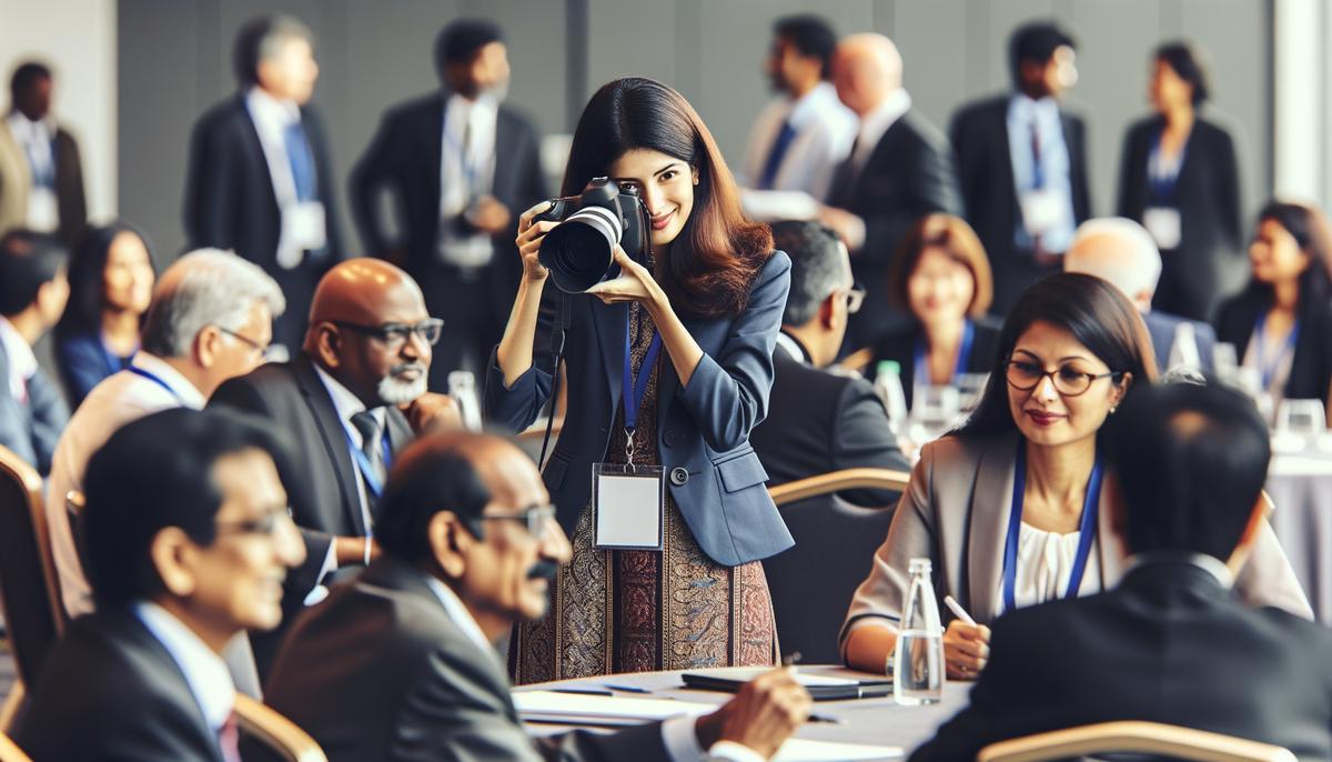 A photographer discreetly capturing candid moments of attendees at a conference