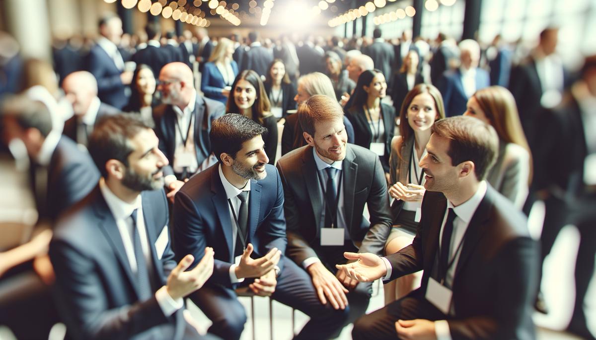 A candid shot of diverse corporate event attendees engaged in animated conversation